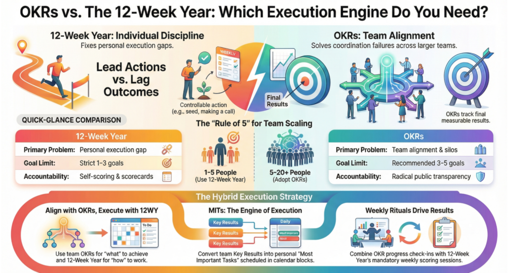 A deep comparison between the 12-figure and OKRs as execution systems.